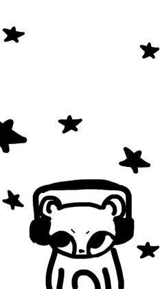 a black and white drawing of a teddy bear wearing headphones with stars in the background