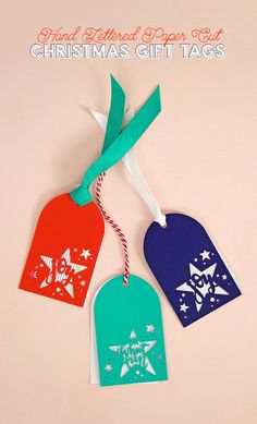 three tags are hanging from a string on a pink background with the words, handmade paper tag christmas gift tags