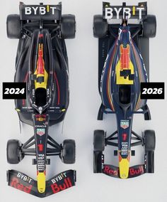 two red bull racing cars side by side with the same number on each car,