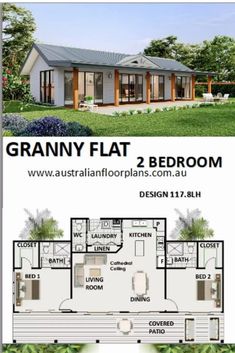 the grannyy flat 2 bedroom floor plan is shown in two different colors and sizes