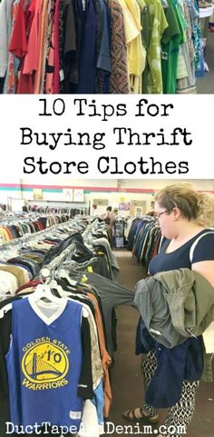 a woman shopping for clothing in a store with text overlay that reads 10 tips for buying thrift store clothes