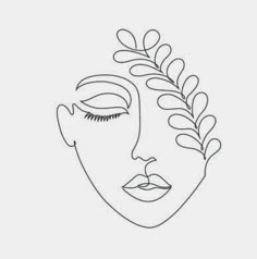 a line drawing of a woman's face with leaves on her head