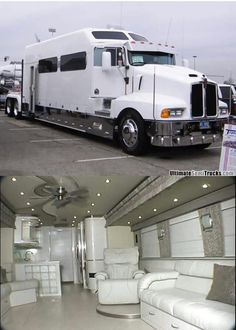 two pictures of the inside of a truck with white seats and couches in it