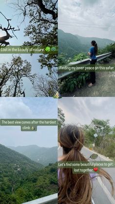 there is a woman sitting on a bench looking at the mountains and trees in the distance