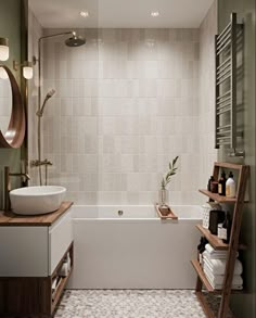 a bathroom with a tub, sink and mirror