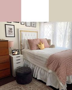 a bedroom with pink and white dorm room decor on the walls, bedding and pillows