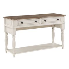 a white console table with two drawers