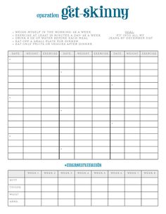 the printable worksheet for operation get skinnyy is shown in blue and white