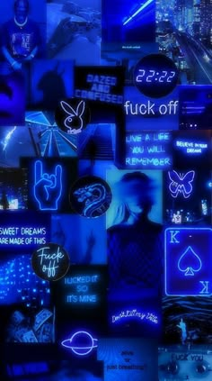 a collage of neon signs and other items in blue light, with the words luck off written on them