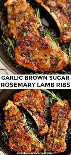 two pictures of garlic brown sugar rosemary lamb ribs in a skillet with text overlay