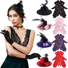 PRICES MAY VARY. 4 Sets Women Tea Party Hat and Gloves Package: you will receive 4 pieces of tea party fascinators for women girls and 4 pairs of short lace gloves, coming in 4 different kinds of colors, including black, pink, red and purple, mini party hat is suitable for tea fascinators women tea party decorations, wedding supplies, 1920s party costume, cocktail party, church and bridal shower Mini Tea Party Hats Delicate Design: the tea party hat for girl is adorned with mesh veil, flower and Winter Costume Party Accessories, Winter Party Fitted Fascinator, Fitted Winter Fascinator For Party, Winter Party Fascinator, Adjustable Mini Hats For Winter Costume Party, Fitted Costume Accessories For Carnival Party, Fitted Costume Hats And Headpieces For Holiday Party, Fitted Hats For Halloween Party, Fitted Mini Hats For Holiday Parties