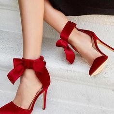 Red Satin Bow Prom Shoes Ankle Strap Stiletto Heel Pumps for Formal event | FSJ Heels Prom, High Heel Dress, Prom Heels, Heels Outfits, Red High Heels, Pumps Heels Stilettos, Heels Classy, Bow Heels, Loafers Shoes