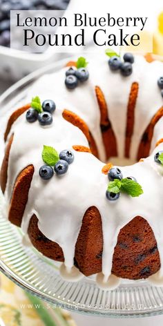 a lemon blueberry pound cake with icing and fresh blueberries on the top