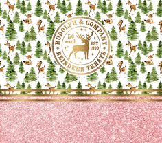 a pink and green christmas card with deers on the front, surrounded by trees