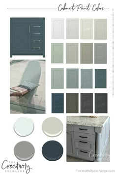 the color scheme for this kitchen cabinet is gray and white, with different shades to choose from