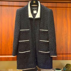 Chanel Black Tweed Blazer/ Jacket. Size 42. Fair Vintage Condition. Tweed Shows Wear. One Cuff Missing A Button(But Hard To Tell) Leaving 3 Clover Cc Buttons. (Picture Included) Other Sleeve Has 4. One Could Be Removed To Match Other Side Very Easy. Black Silk Lined. (Hanger Not Included) Chanel Jackets, Chanel Jacket, Black Tweed, Chanel Vintage, Vintage Blazer, Tweed Blazer, Chanel Black, Vintage Chanel, Black Silk