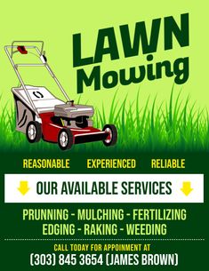 lawn mowing advert with an image of a lawn mower