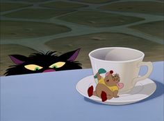 a cup and saucer sitting on top of a table next to a black cat