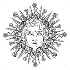 the sun with a human face in vintage engraving style hand drawn illustration isolated on white background