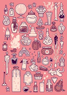 a pink poster with lots of different things on it