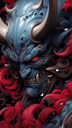 a blue and red demon with horns on it's head