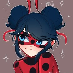 a ladybug girl with blue eyes and black hair, wearing red polka dots