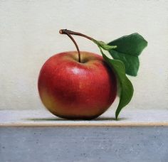 a painting of an apple with a leaf on it