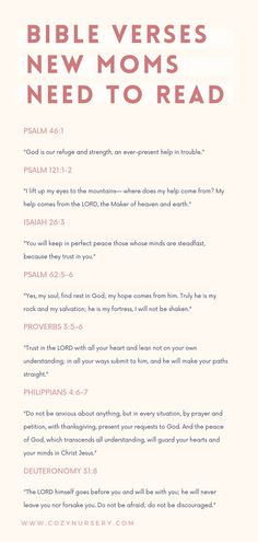 the bible verses for new moms need to read, with pink and white lettering