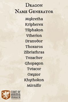 the dragon name generator is displayed on a white background with black lettering and an image of a