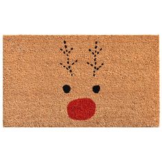 a door mat with a reindeer's face drawn on it and black dots around the nose