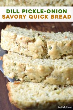 this is an image of a sliced loaf of dill pickle - onion savory quick bread