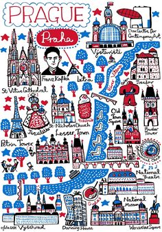 an illustrated map of prague in blue, red and white with the names of its major attractions