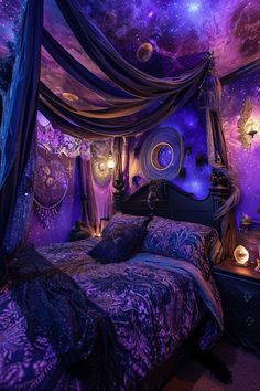 a bed with purple and blue decor in a room that has stars on the ceiling