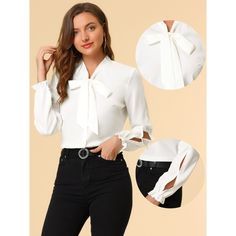 Modern and elegant, this shirt is styled with softly chiffon fabric. There's nothing like a touch of chiffon to elevate your style, and this blouse also features a bow tie-neck for a put-together look. Elastic ruffle cuffs instantly elevate this shirt and make it a sophisticated choice for day or night. Suitable for casual, dating, office, work, formal, and daily wear. This shirt brings elegance to whatever outfit you're putting together. Long Sleeve Office Blouse With Bow, Chic Long Sleeve Shirt With Bow, Elegant White Shirt With Bow Detail, Elegant Bow Tie Top For Spring, Party Long Sleeve Blouse With Bow Tie, Feminine Tie Neck Tops For Office, Elegant Fall Blouse With Bow Tie, Spring Long Sleeve Top With Bow Tie, White Tie Neck Blouse For Office