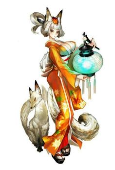 a woman in an orange kimono holding a tea pot and two white foxes standing next to her