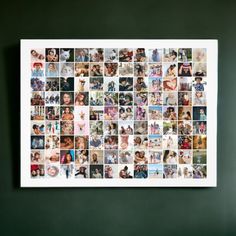 a large group of people's faces are shown on a white framed canvas against a green wall