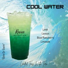 a green drink with lemon and blue raspberry limeade in front of a wave