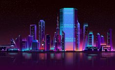 an abstract cityscape with neon lights and reflections in the water at night time