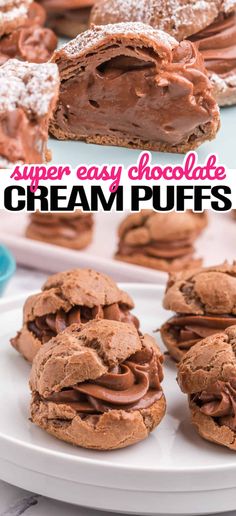 chocolate cream puffs on a plate with the text super easy chocolate cream puffs