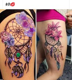 two pictures one with flowers and the other with tattoos on her thigh, both showing different designs