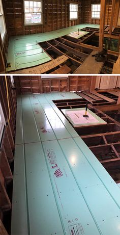 the inside and outside of a building being remodeled with wood flooring in place for insulation