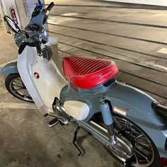 a motorcycle parked in a parking garage