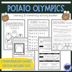 potato olympics activity book with text and pictures on the front, in black and white