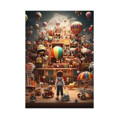 a boy standing in front of a room filled with hot air balloons and other toys