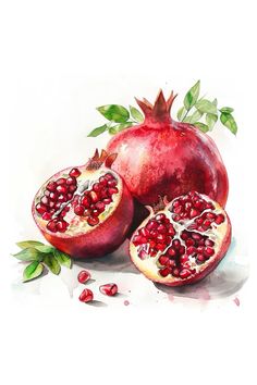 a painting of pomegranates and leaves on a white background with watercolor