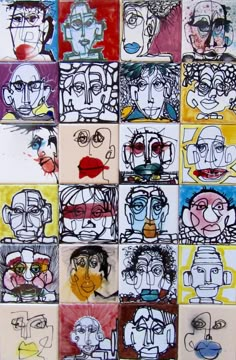 many different faces are drawn on paper