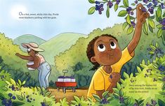 an illustration of a child reaching up to pick berries from a tree with another person nearby