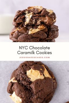 two chocolate cookies stacked on top of each other with the words nyc chocolate caramel cookies