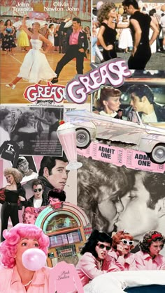 a collage of photos with pink hair and people in the background, including an old car