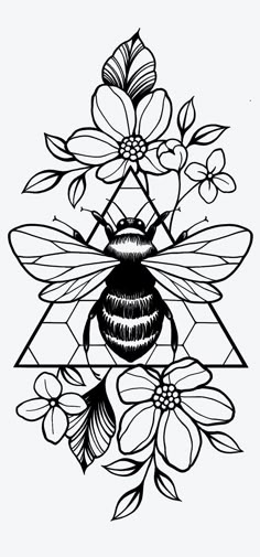 a black and white drawing of a bee with flowers on it's back side